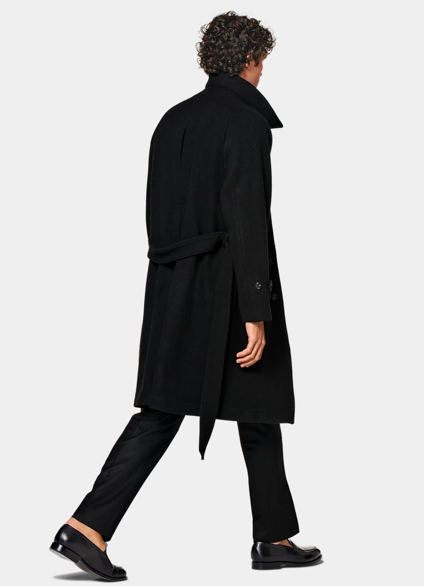 SUITSUPPLY Wool Cashmere Blend by Opera Piemontese, Italy Black Herringbone Belted Overcoat