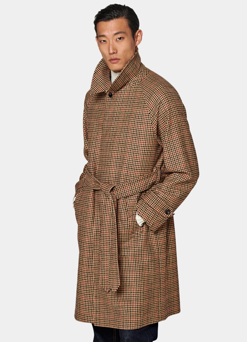 SUITSUPPLY Wool Cashmere by E.Thomas, Italy Brown & Red Checked Belted Overcoat