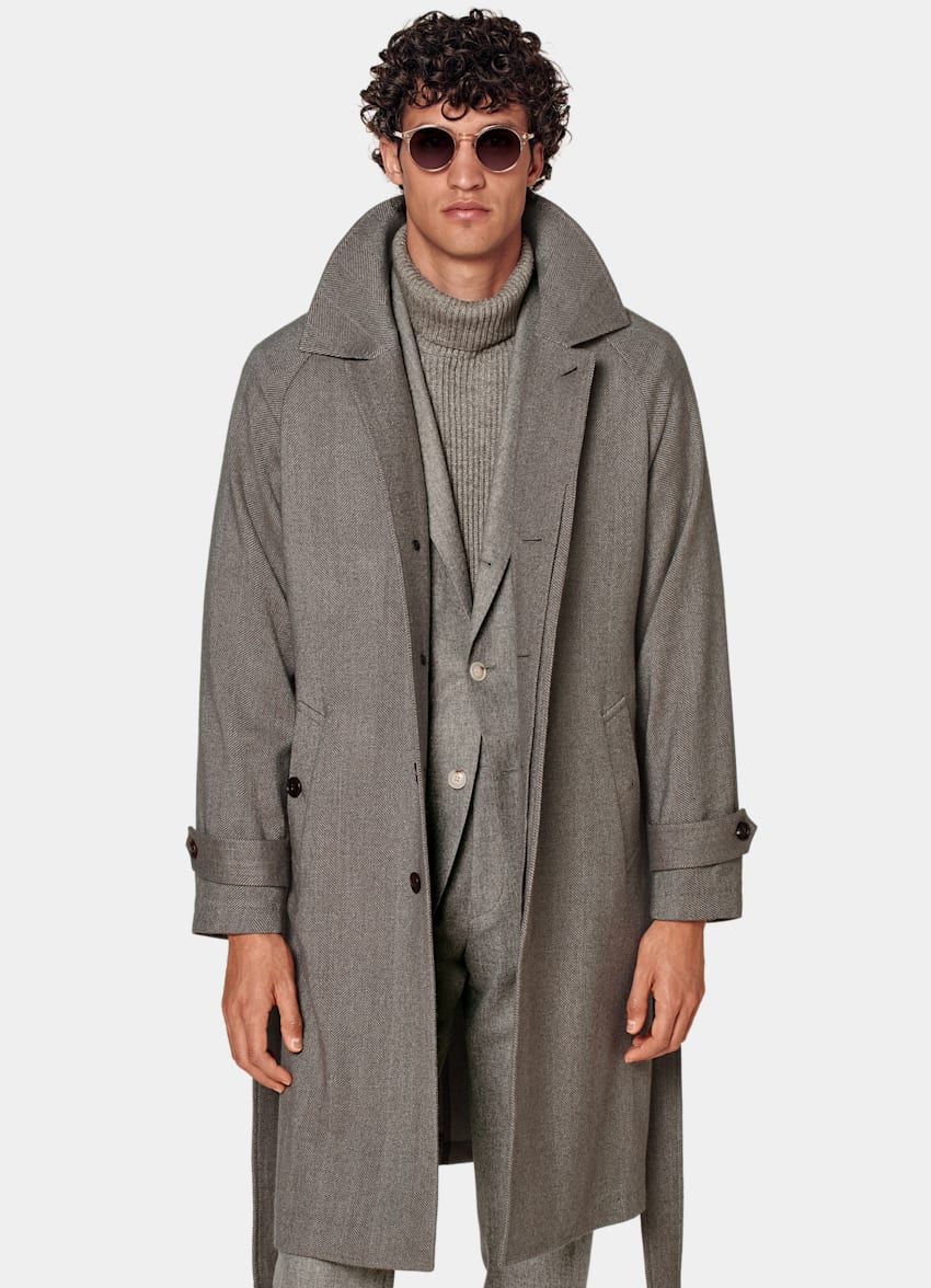 SUITSUPPLY Wool Cashmere by Rogna, Italy Taupe Herringbone Belted Overcoat
