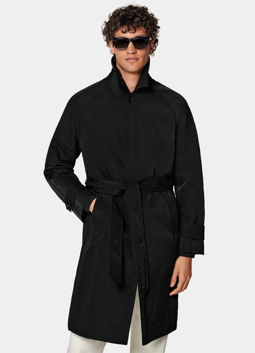 SUITSUPPLY Water-Repellent Technical Fabric by Majocchi, Italy Black Belted Trench Coat