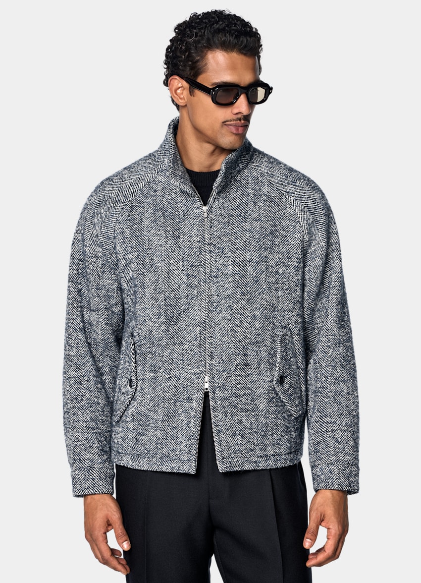 SUITSUPPLY Wool Blend by Emmetex, Italy Navy Herringbone Raglan Bomber Jacket