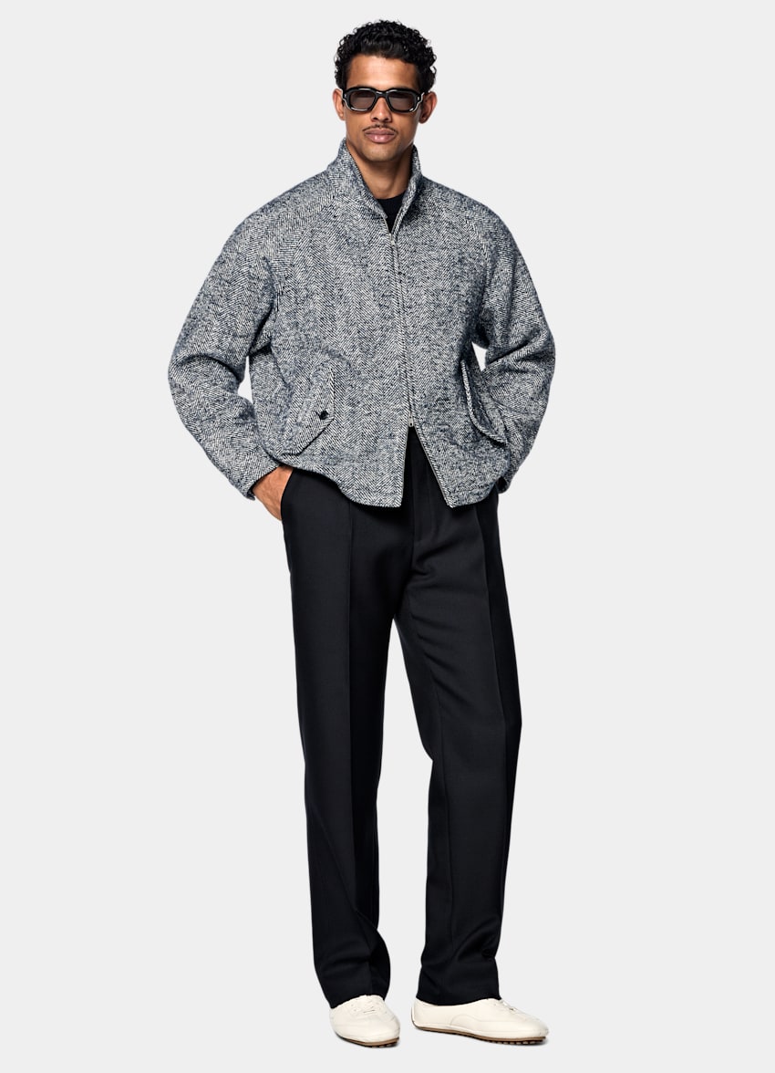 SUITSUPPLY Wool Blend by Emmetex, Italy Navy Herringbone Raglan Bomber Jacket