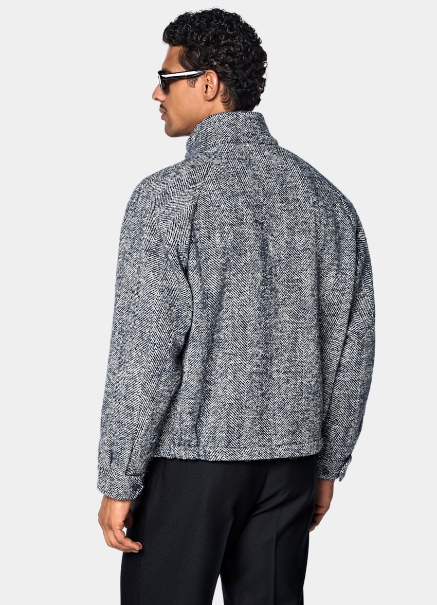 SUITSUPPLY Wool Blend by Emmetex, Italy Navy Herringbone Raglan Bomber Jacket