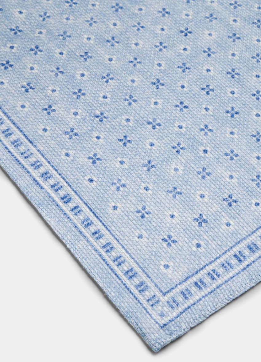 SUITSUPPLY Pure Linen by Silk Pro, Italy Light Blue Flower Pocket Square