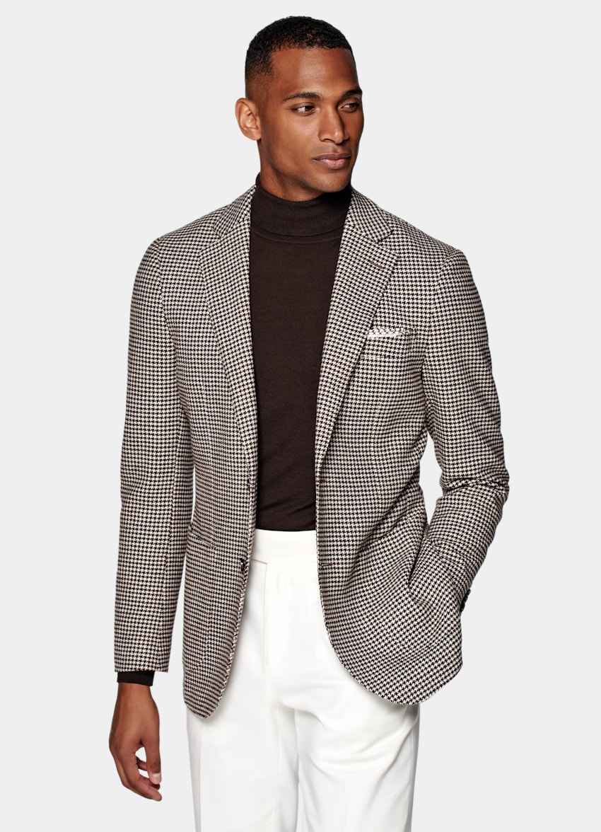 Mid Brown Houndstooth Havana Jacket | Wool Cashmere Single Breasted ...