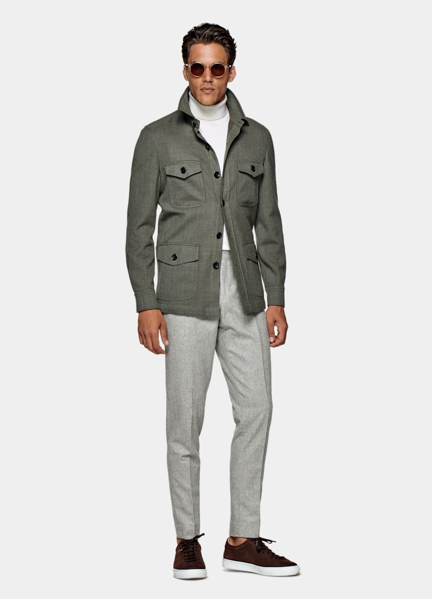Mid Green Herringbone William Shirt-Jacket | Wool Cotton Single ...