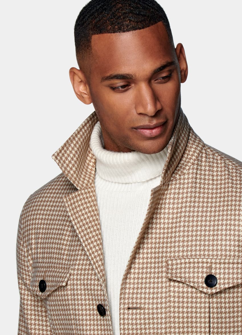 Light Brown Houndstooth Belted Safari Jacket Wool Cashmere Single