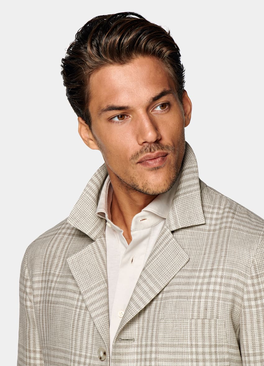 Light Brown Check Shirt-Jacket | Linen Wool Single Breasted ...