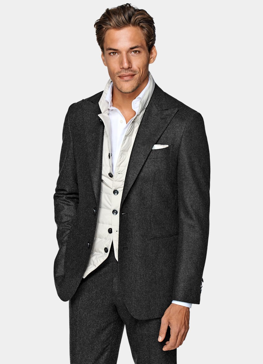 SUITSUPPLY Circular Wool Flannel by Vitale Barberis Canonico, Italy Dark Grey Tailored Fit Havana Blazer