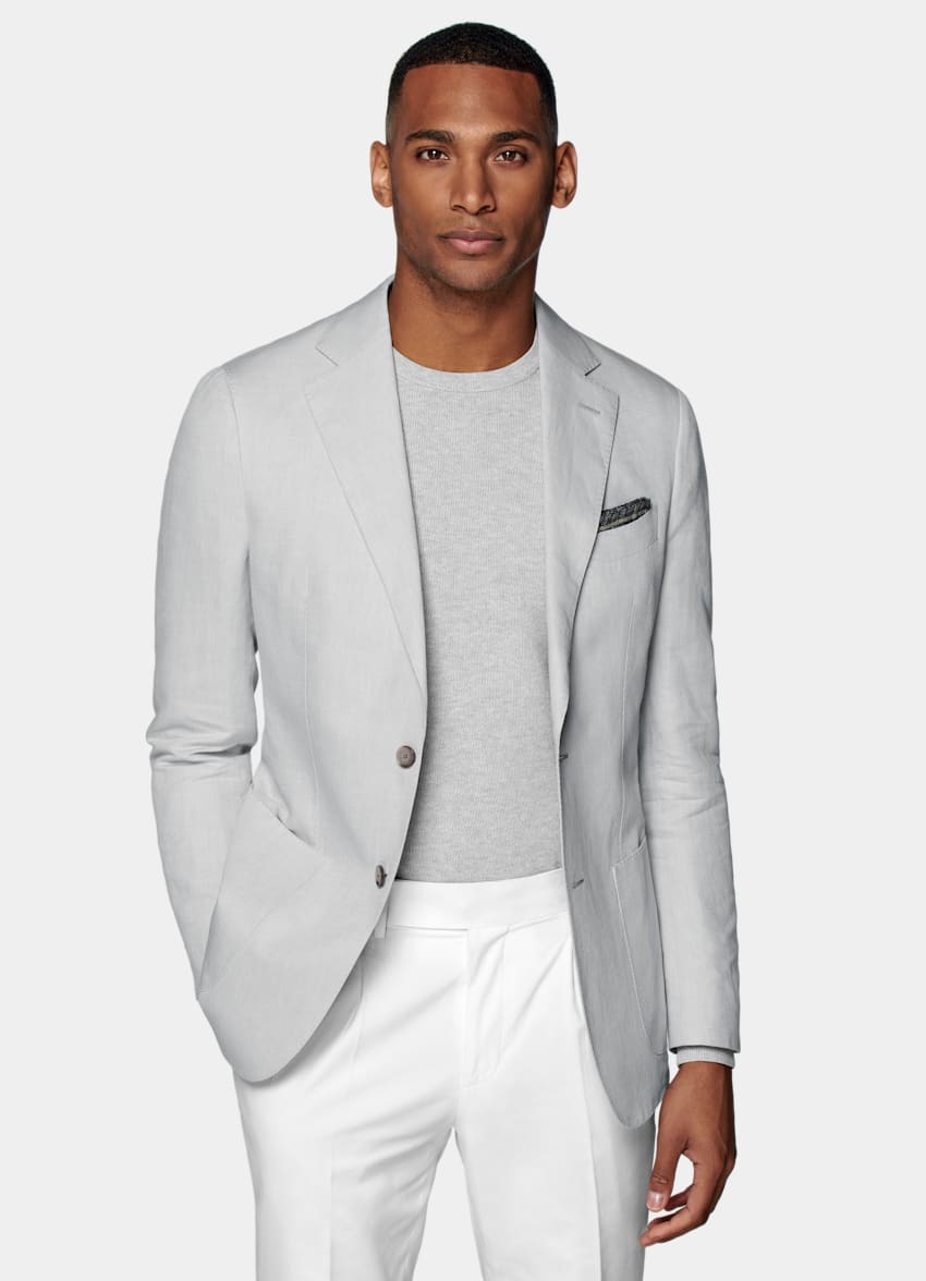 SUITSUPPLY Linen Cotton by Di Sondrio, Italy Light Grey Tailored Fit Havana Blazer