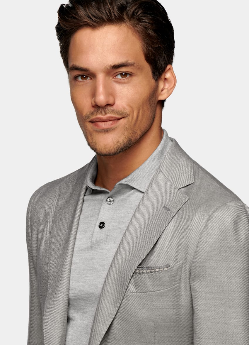 Light Grey Custom Made Jacket Cashmere Silk Single Breasted