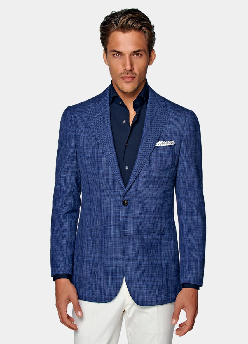 Blue Checked Havana Jacket | Wool Silk Linen Single Breasted ...