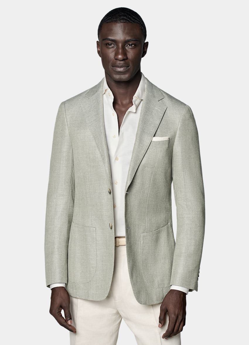 SUITSUPPLY Wool Silk Linen Cashmere by E.Thomas, Italy Light Green Havana Blazer