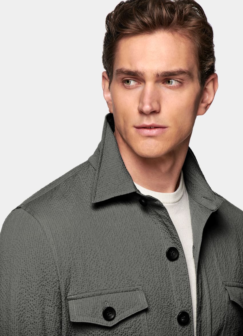 Grey William Shirt-Jacket | Stretch Cotton Seersucker Single Breasted ...