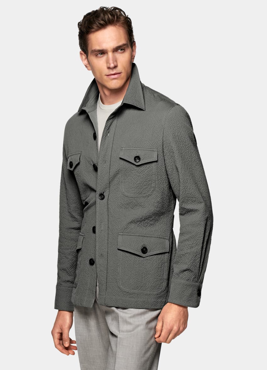 Grey William Shirt-Jacket in Stretch Cotton Seersucker | SUITSUPPLY US