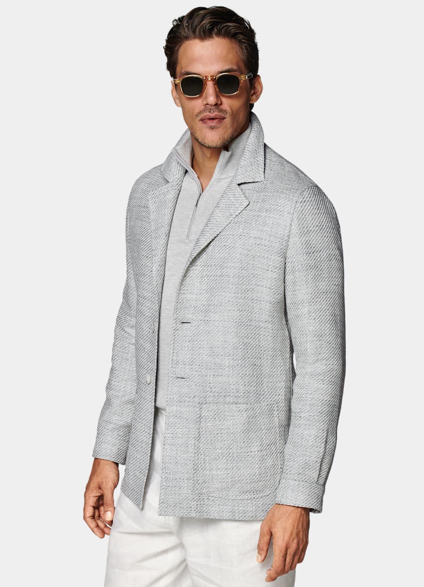SUITSUPPLY 夏季 意大利 Ferla 生产的丝绸、亚麻、棉、锦纶面料 浅灰色慵懒身型衬衫式夹克