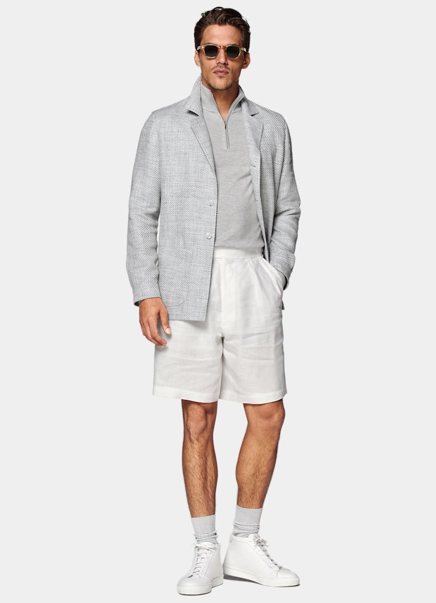 SUITSUPPLY 意大利 Ferla 生产的丝绸、亚麻、棉、锦纶面料 浅灰色慵懒身型衬衫式夹克