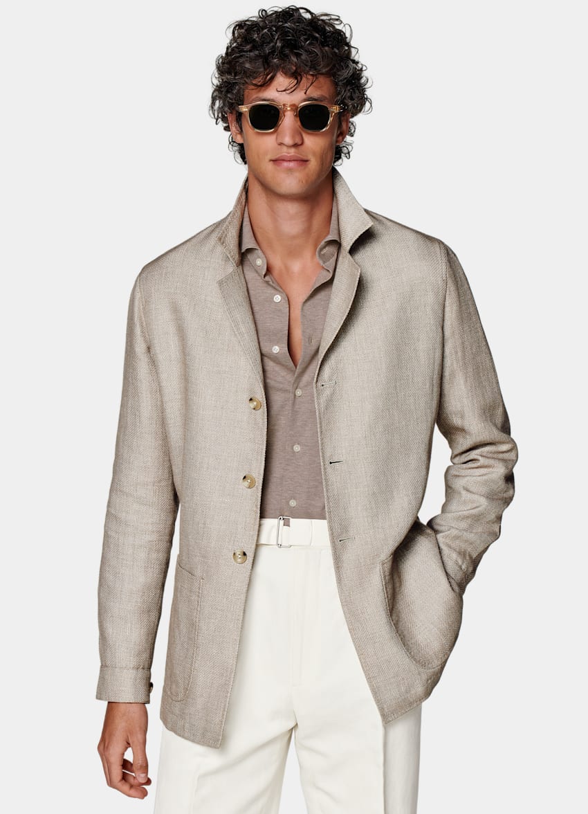 SUITSUPPLY Linen Alpaca Silk by Ferla, Italy Mid Brown Greenwich Shirt-Jacket