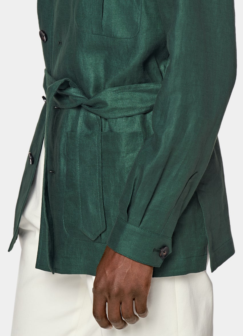 Mid Green Belted Safari Jacket in Pure Linen SUITSUPPLY US