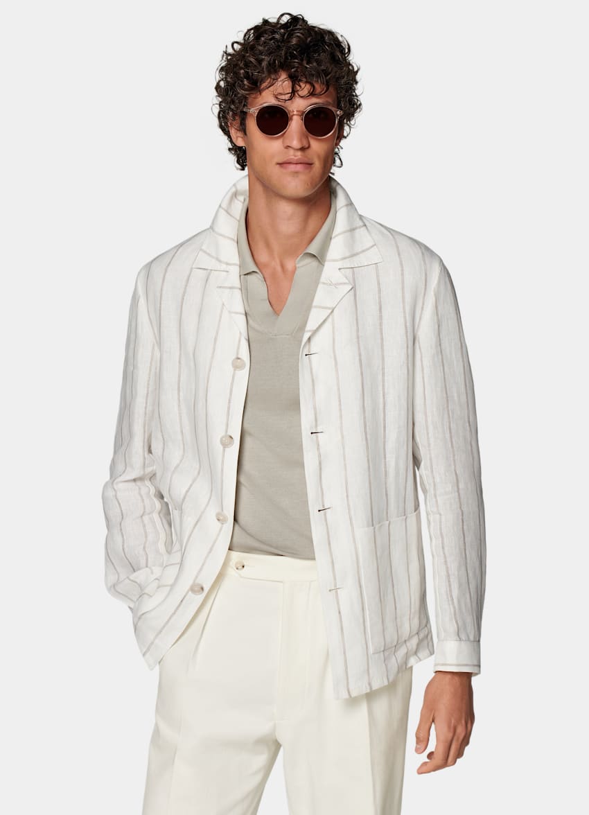 SUITSUPPLY Summer Pure Linen by Drago, Italy Light Brown Striped Relaxed Fit Shirt-Jacket