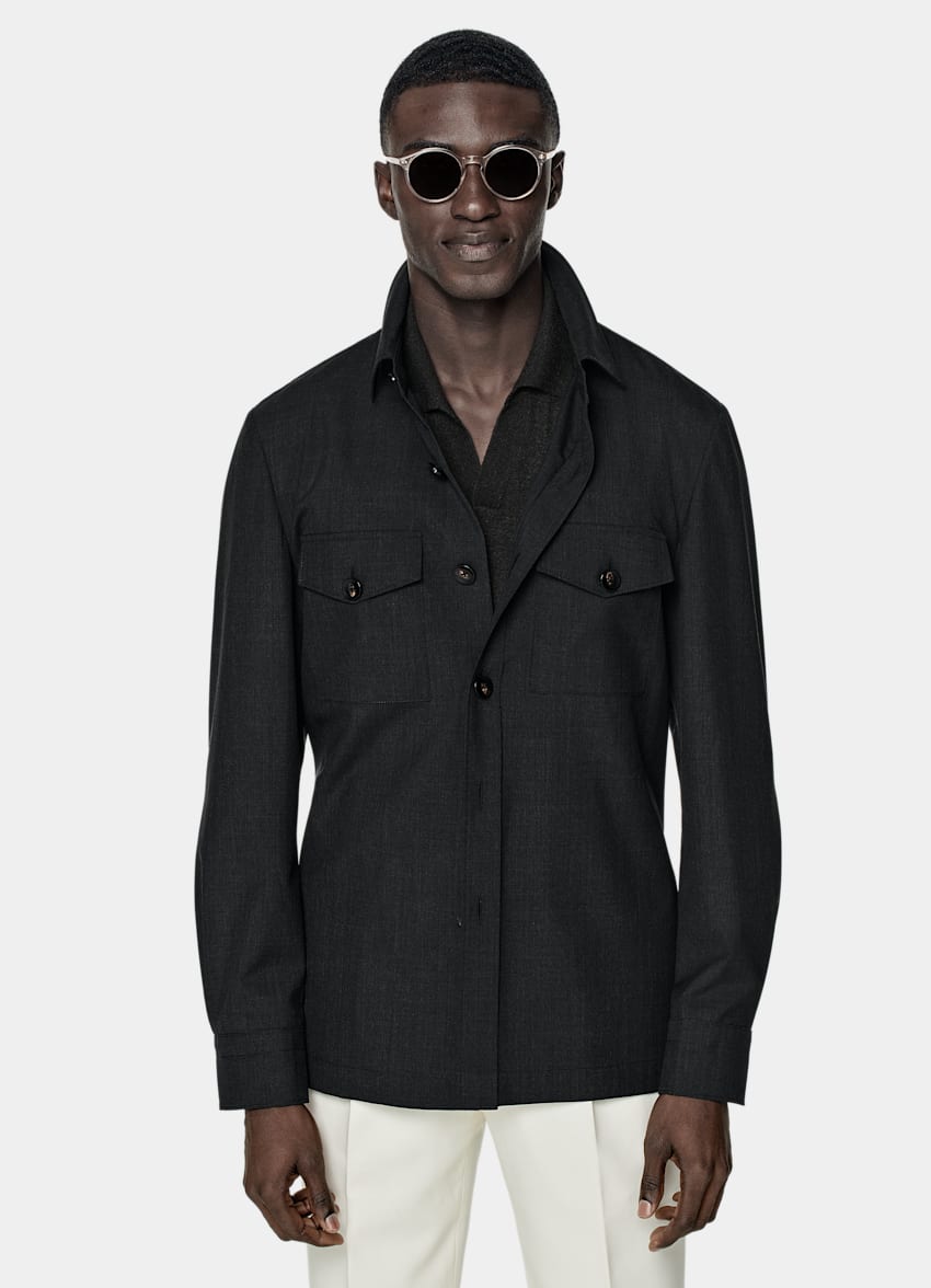 SUITSUPPLY Ren tropisk S120's-ull från Vitale Barberis Canonico, Italien Mörkgrå skjortjacka med relaxed fit