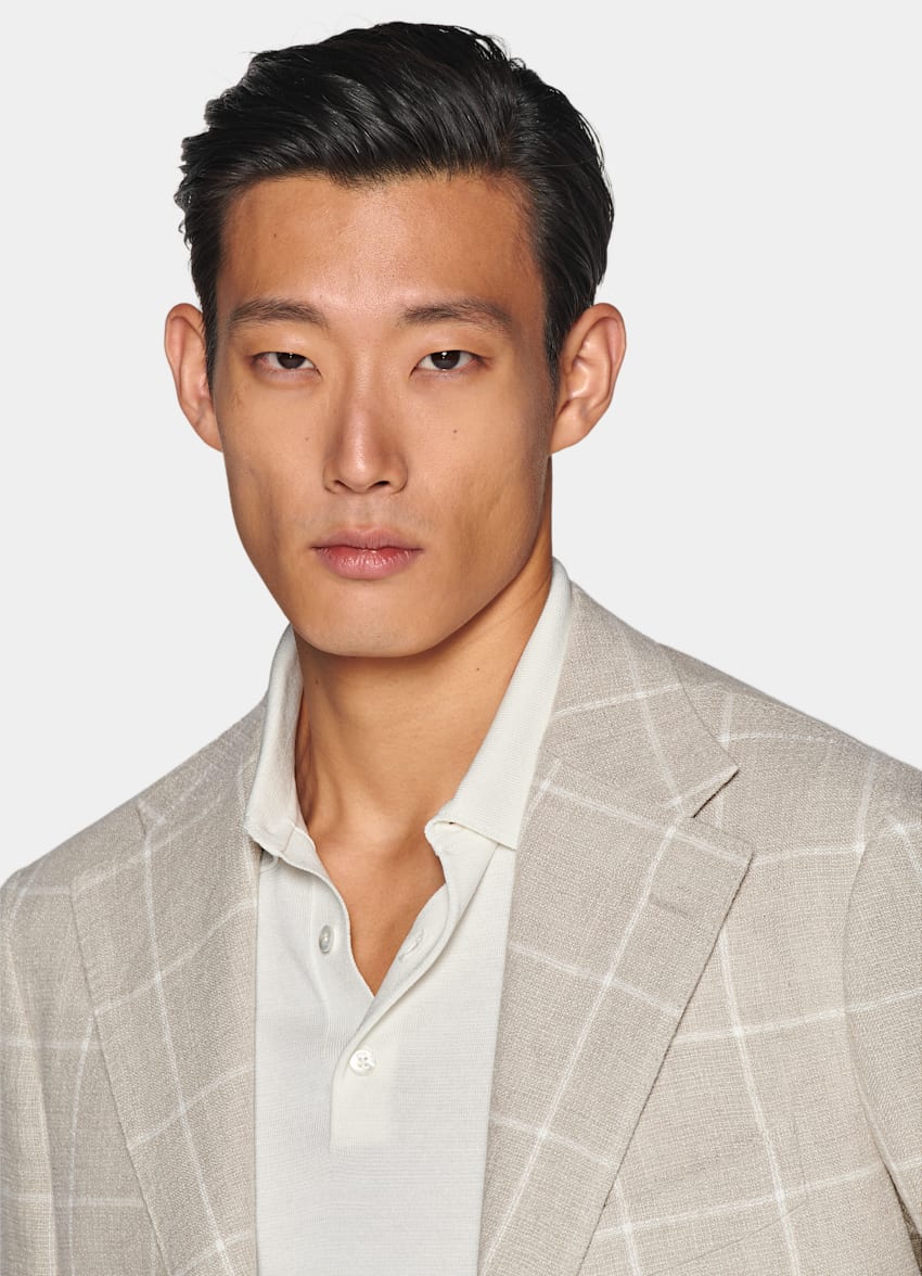 SUITSUPPLY Pure Linen by Leomaster, Italy Light Taupe Checked Relaxed Fit Roma Blazer