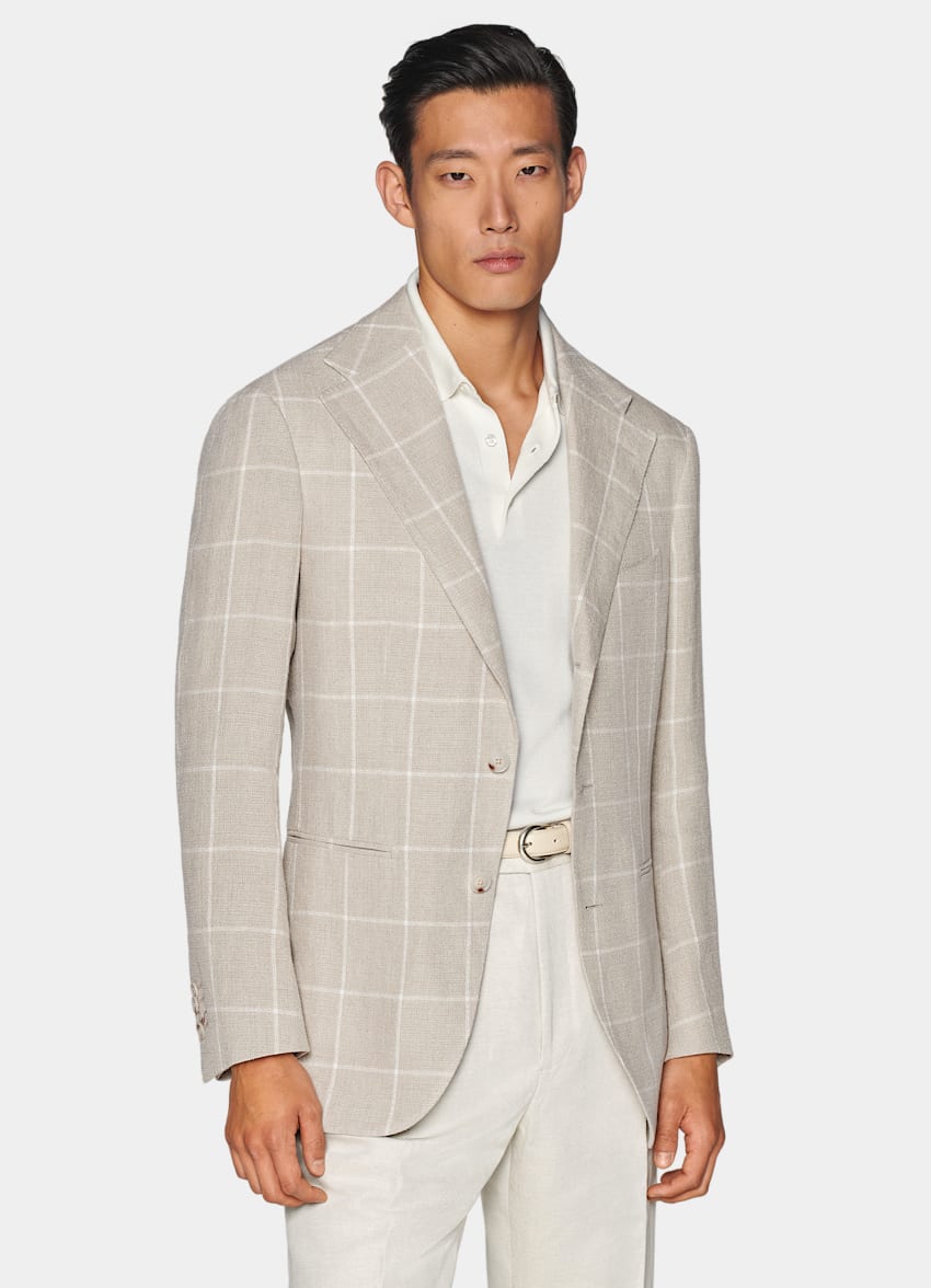 SUITSUPPLY Summer Pure Linen by Leomaster, Italy Light Taupe Checked Relaxed Fit Roma Blazer