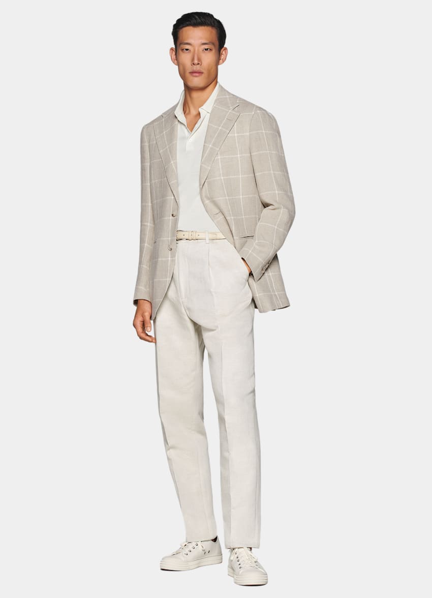 SUITSUPPLY Summer Pure Linen by Leomaster, Italy Light Taupe Checked Relaxed Fit Roma Blazer