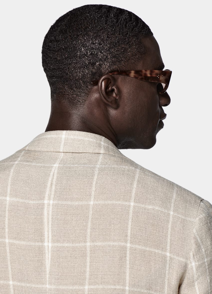 SUITSUPPLY Summer Pure Linen by Leomaster, Italy Light Taupe Checked Relaxed Fit Roma Blazer