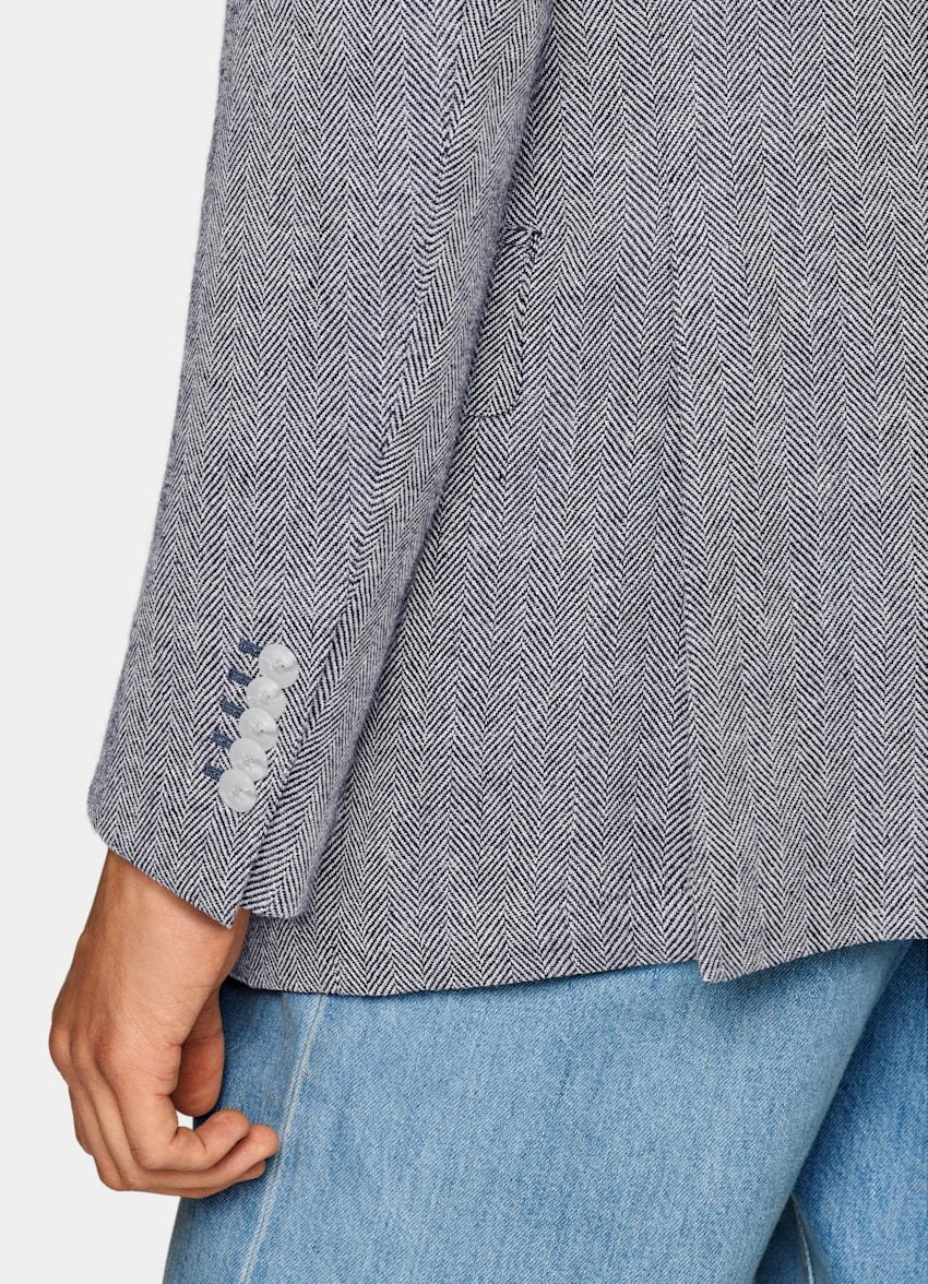 SUITSUPPLY Wool Linen by Marling & Evans, United Kingdom Navy Herringbone Tailored Fit Milano Blazer