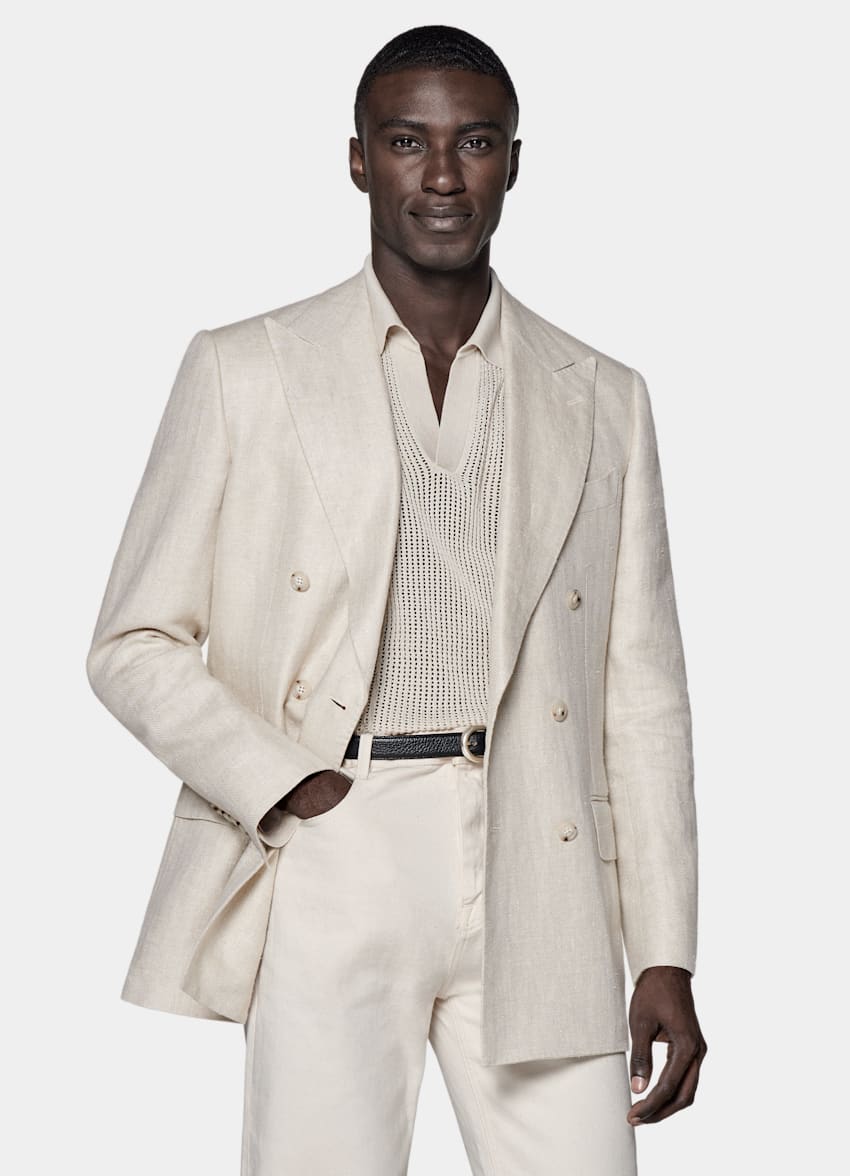 SUITSUPPLY Linen Silk by Leomaster, Italy Light Taupe Herringbone Tailored Fit Milano Blazer