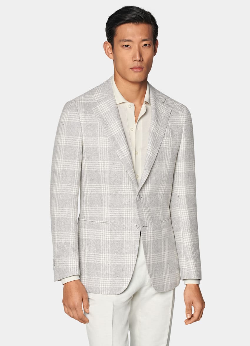 SUITSUPPLY Wool Silk Linen by Ferla, Italy Grey Checked Tailored Fit Havana Blazer