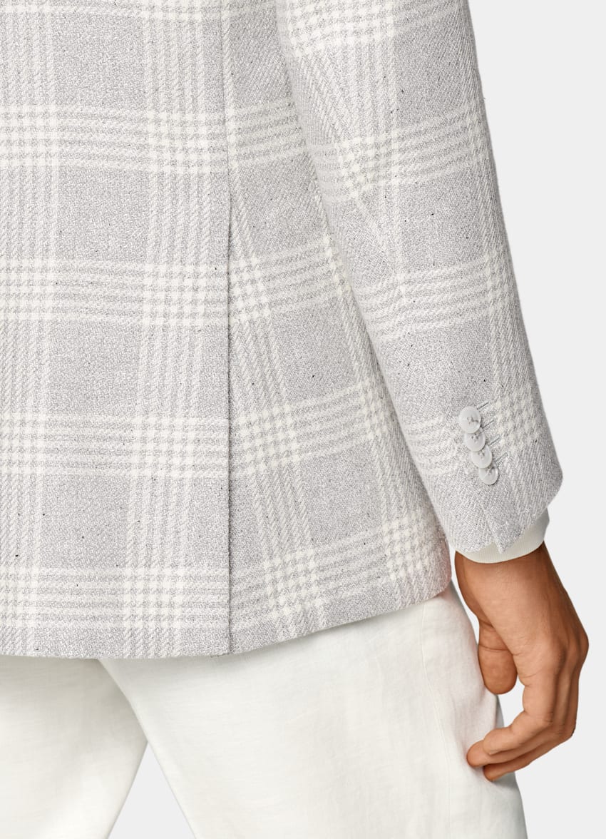 SUITSUPPLY Summer Wool Silk Linen by Ferla, Italy Light Grey Checked Tailored Fit Havana Blazer