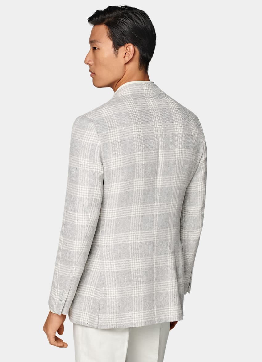 SUITSUPPLY Summer Wool Silk Linen by Ferla, Italy Light Grey Checked Tailored Fit Havana Blazer