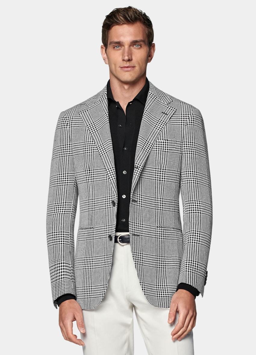 SUITSUPPLY Summer Wool Silk Linen by Ferla, Italy Black Checked Relaxed Fit Roma Blazer