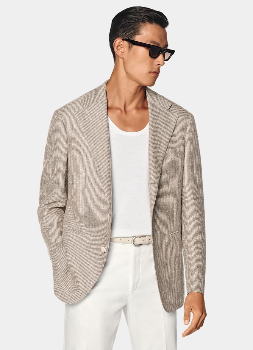 SUITSUPPLY Summer Wool Linen Silk by Rogna, Italy Taupe Relaxed Fit Roma Blazer