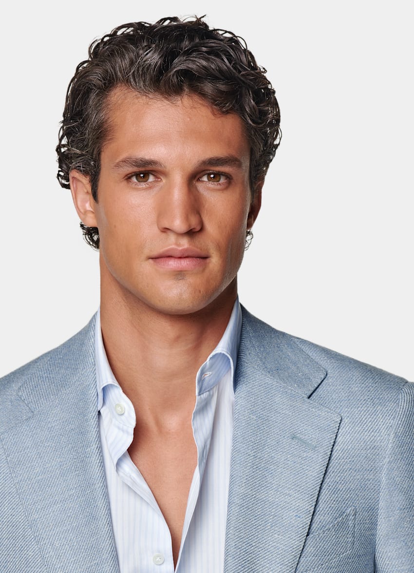 SUITSUPPLY Summer Wool Silk Linen Cashmere by E.Thomas, Italy Light Blue Tailored Fit Havana Blazer