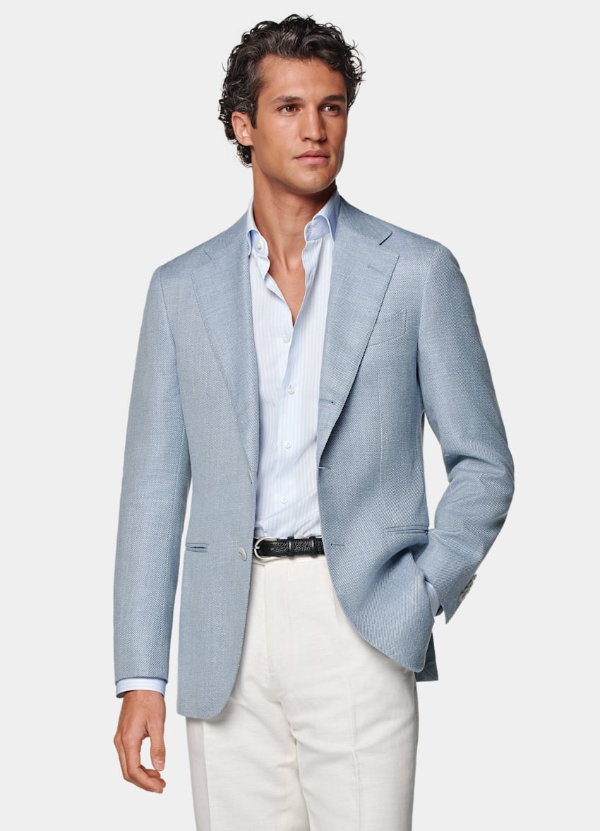 SUITSUPPLY Summer Wool Silk Linen Cashmere by E.Thomas, Italy Light Blue Tailored Fit Havana Blazer