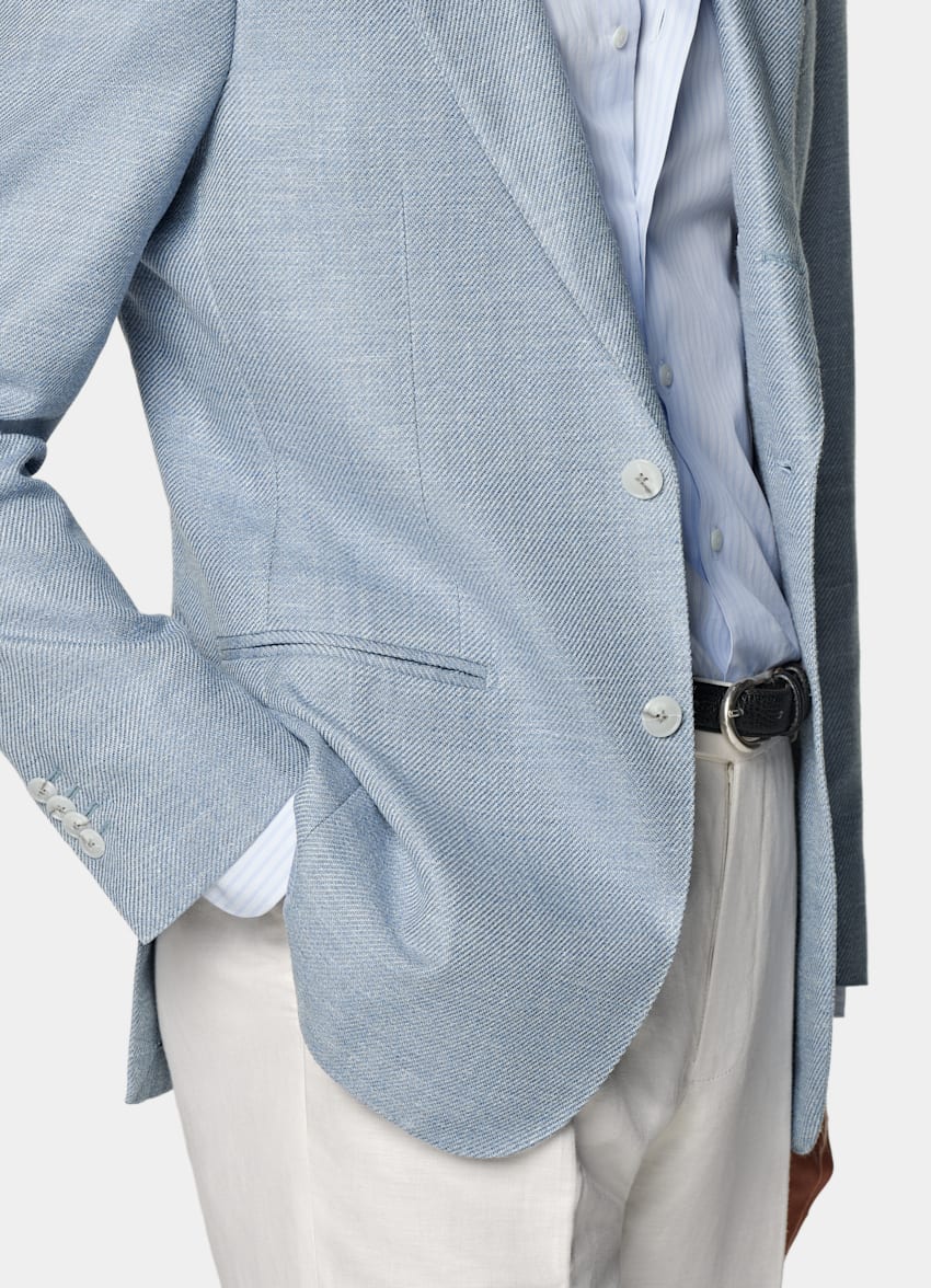 SUITSUPPLY Summer Wool Silk Linen Cashmere by E.Thomas, Italy Light Blue Tailored Fit Havana Blazer