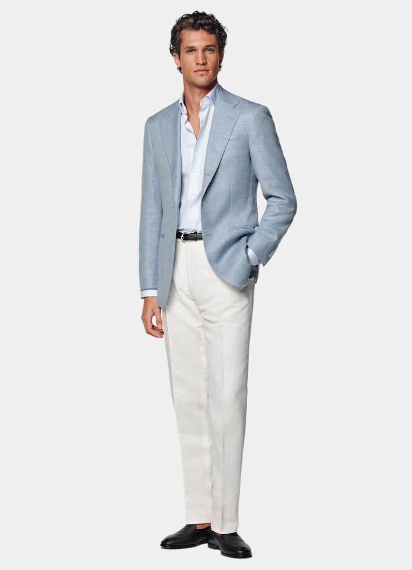 SUITSUPPLY Summer Wool Silk Linen Cashmere by E.Thomas, Italy Light Blue Tailored Fit Havana Blazer