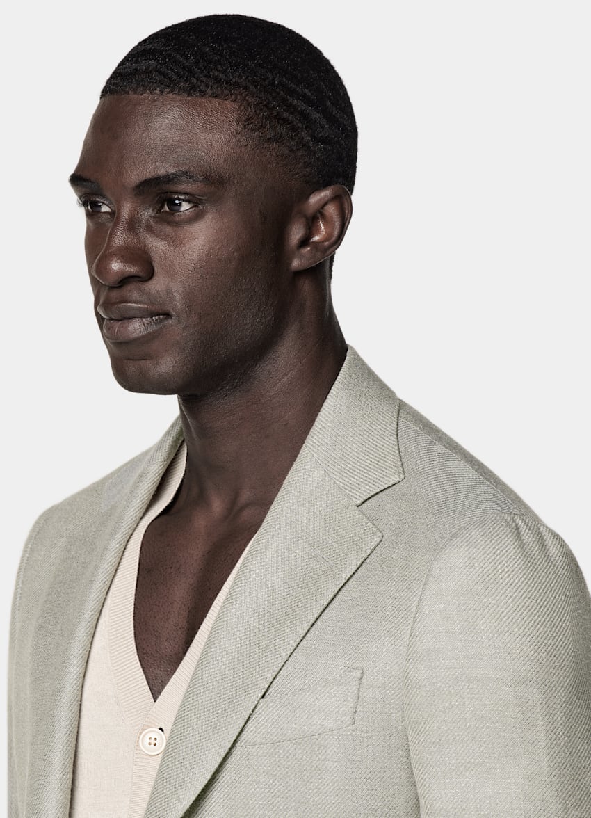 SUITSUPPLY Summer Wool Silk Linen Cashmere by E.Thomas, Italy Mid Green Tailored Fit Havana Blazer