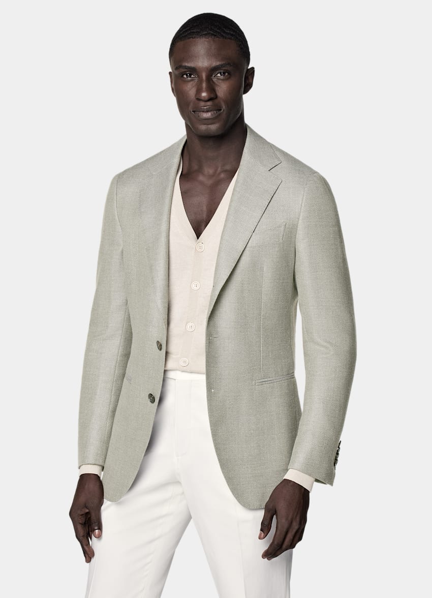 SUITSUPPLY Summer Wool Silk Linen Cashmere by E.Thomas, Italy Mid Green Tailored Fit Havana Blazer