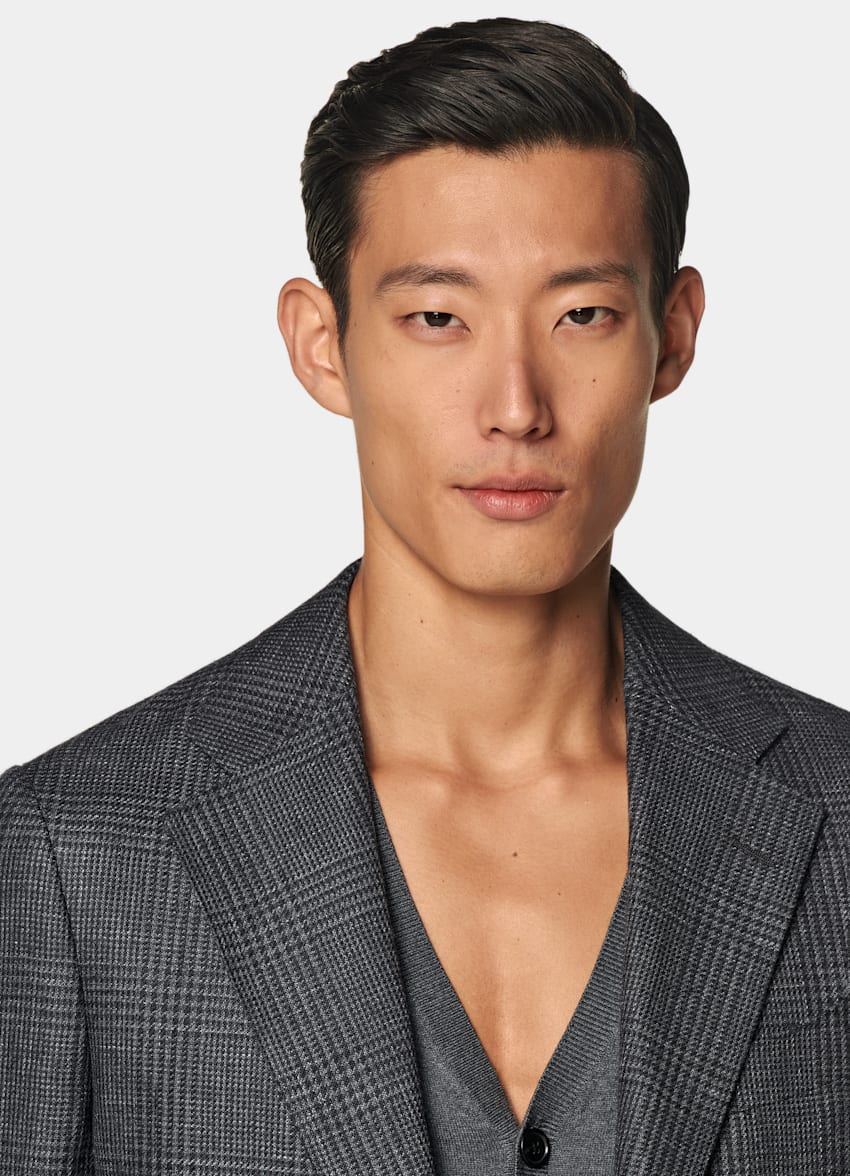 SUITSUPPLY Summer Linen Wool by Drago, Italy Dark Grey Checked Tailored Fit Havana Blazer