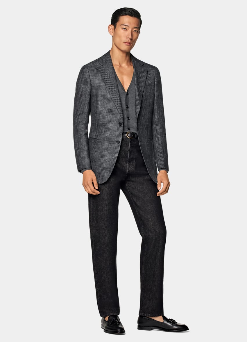 SUITSUPPLY Summer Linen Wool by Drago, Italy Dark Grey Checked Tailored Fit Havana Blazer