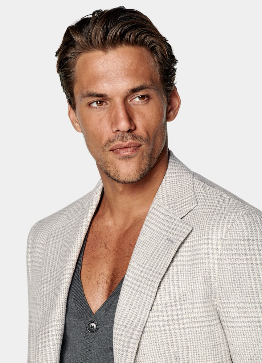 SUITSUPPLY Summer Linen Silk Wool Cotton by Ferla, Italy Light Grey Checked Relaxed Fit Roma Blazer