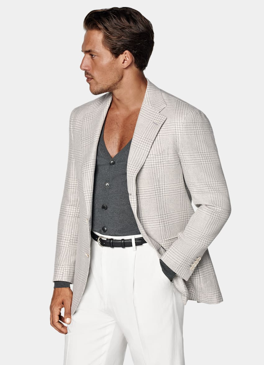 SUITSUPPLY Summer Linen Silk Wool Cotton by Ferla, Italy Light Grey Checked Relaxed Fit Roma Blazer