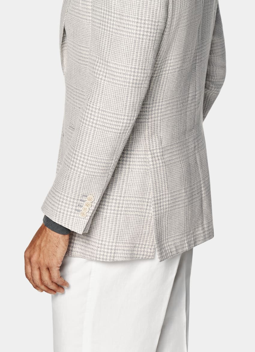 SUITSUPPLY Summer Linen Silk Wool Cotton by Ferla, Italy Light Grey Checked Relaxed Fit Roma Blazer