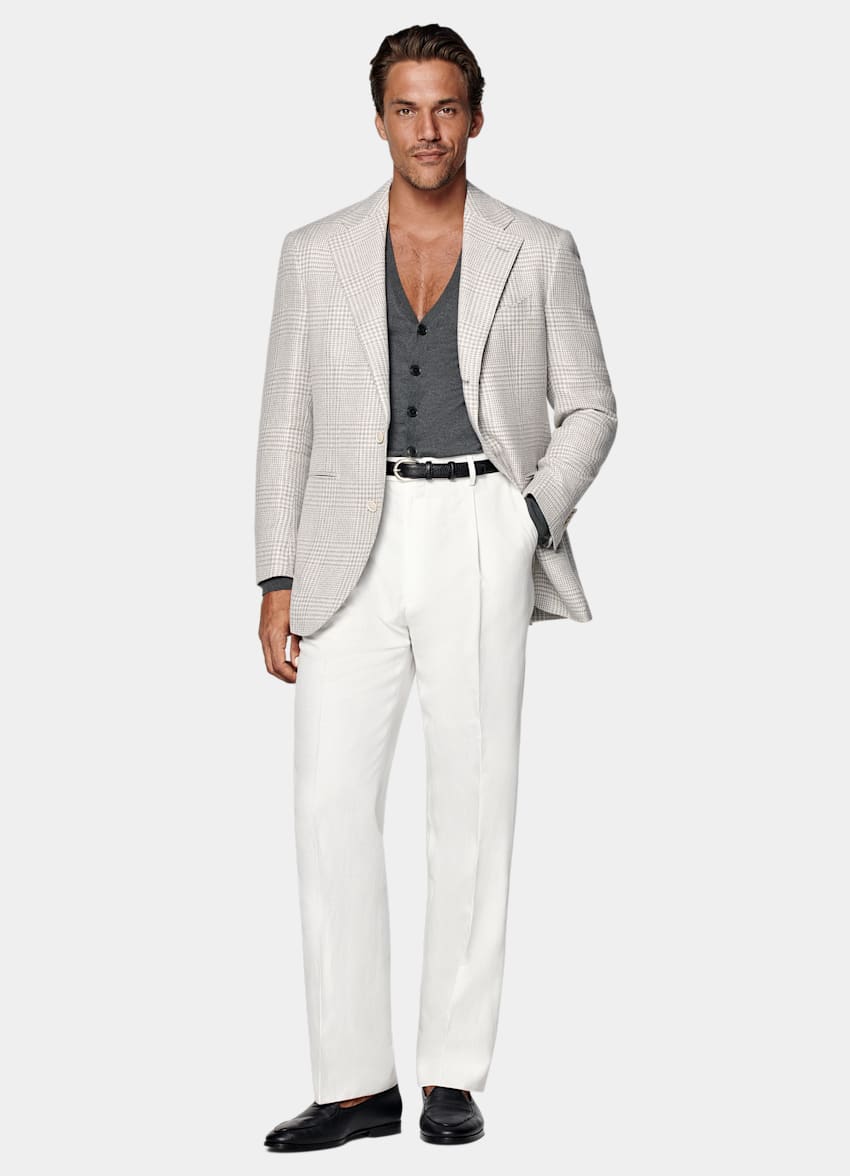 SUITSUPPLY Summer Linen Silk Wool Cotton by Ferla, Italy Light Grey Checked Relaxed Fit Roma Blazer