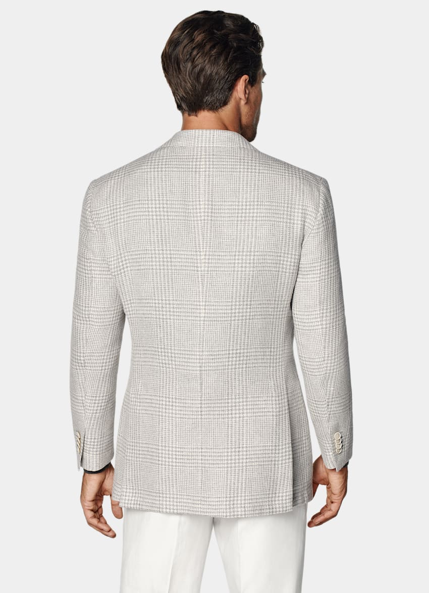 SUITSUPPLY Summer Linen Silk Wool Cotton by Ferla, Italy Light Grey Checked Relaxed Fit Roma Blazer