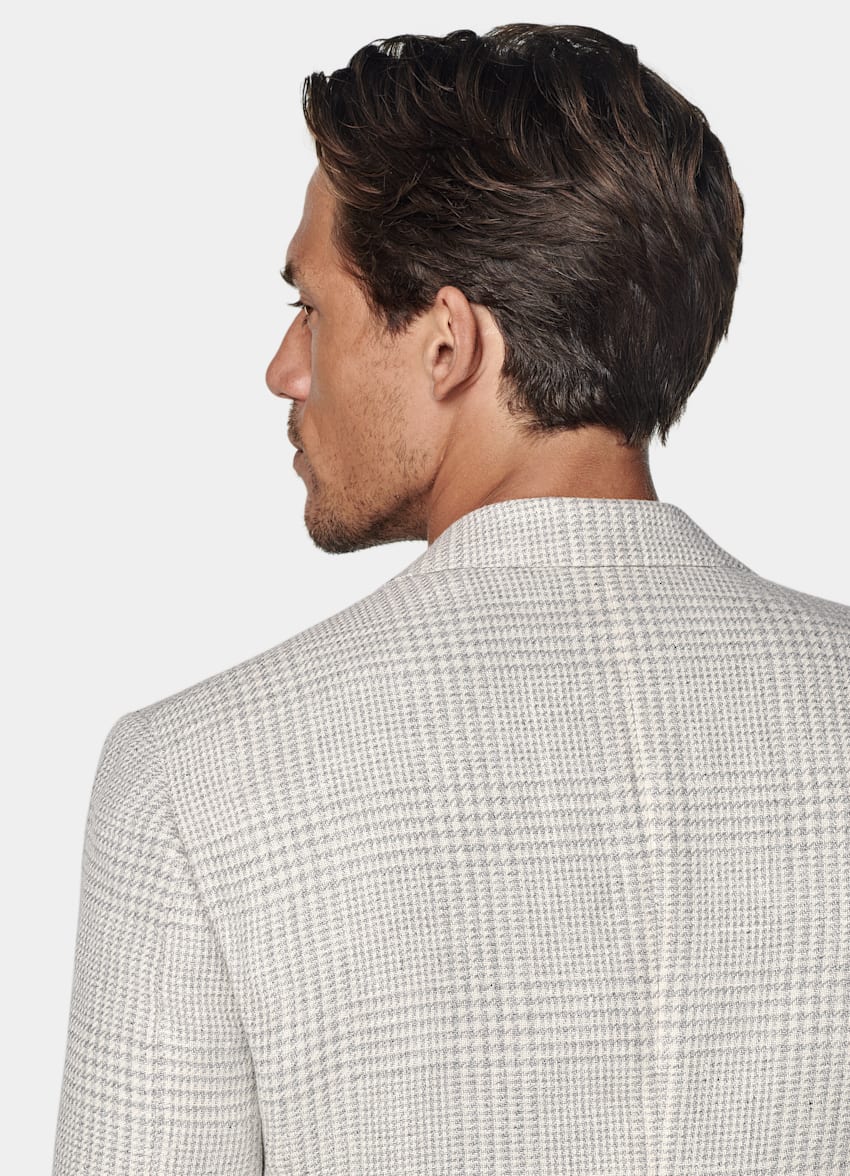 SUITSUPPLY Summer Linen Silk Wool Cotton by Ferla, Italy Light Grey Checked Relaxed Fit Roma Blazer